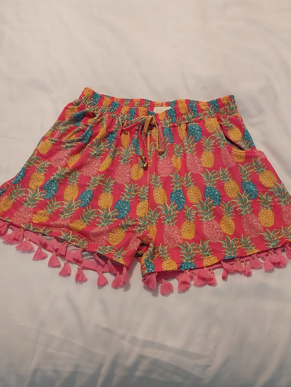 Simply Southern Hot Pink Pineapple Tassel Hem High Waist Shorts.Size L XL